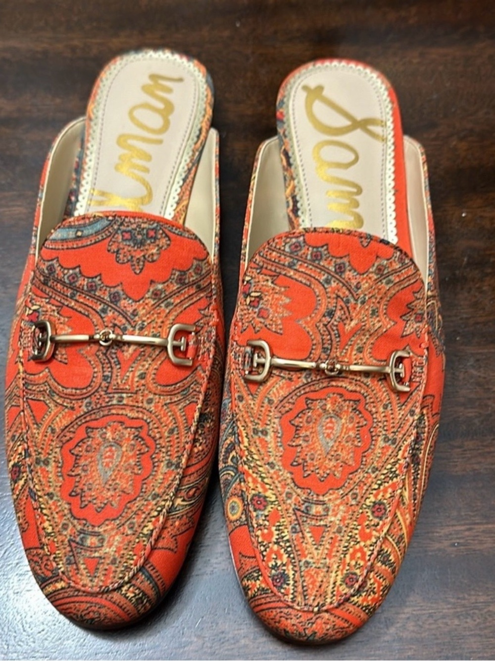 Sam Edelman Orange Paisley Slip-On Mule Loafers with Gold Bit